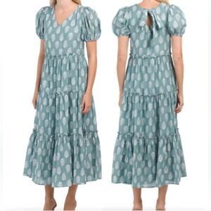 Lucky Brand Puff Sleeve Tiered Midi Dress Size S Teal Color Tie Back
